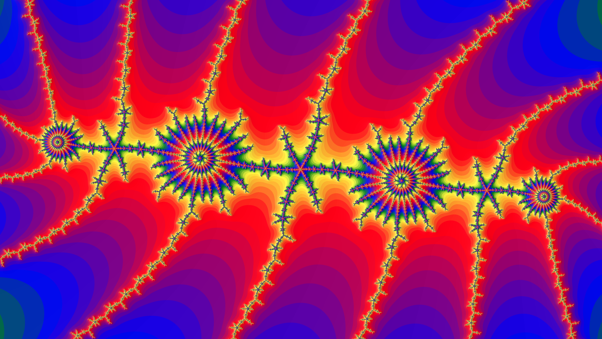a mandelbrot fractal render with the colors of the gay pride flag